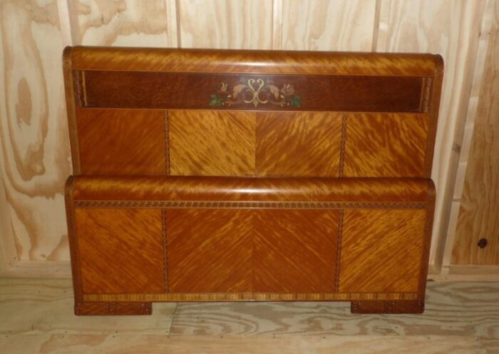 vintage art deco walnut inlay applied floral full double waterfall bed labell furniture 9875