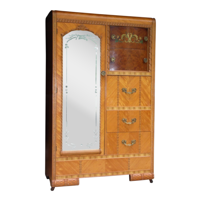 vintage art deco waterfall chifferobe armoire wardrobe closet desk mirror labell furniture 5033