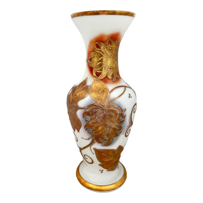 vintage bohemian white glass vase gold embossed hand painted floral 1575 czech 0471