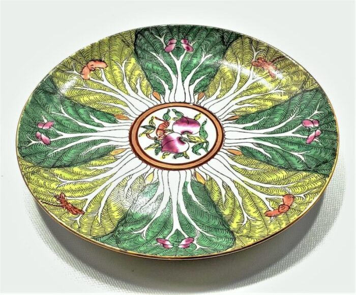 vintage bok choy cabbage leaf plate with butterflies and peaches signed on bottom a c f decorated in hong kong 0751