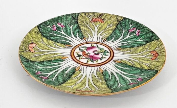 vintage bok choy cabbage leaf plate with butterflies and peaches signed on bottom a c f decorated in hong kong 0792