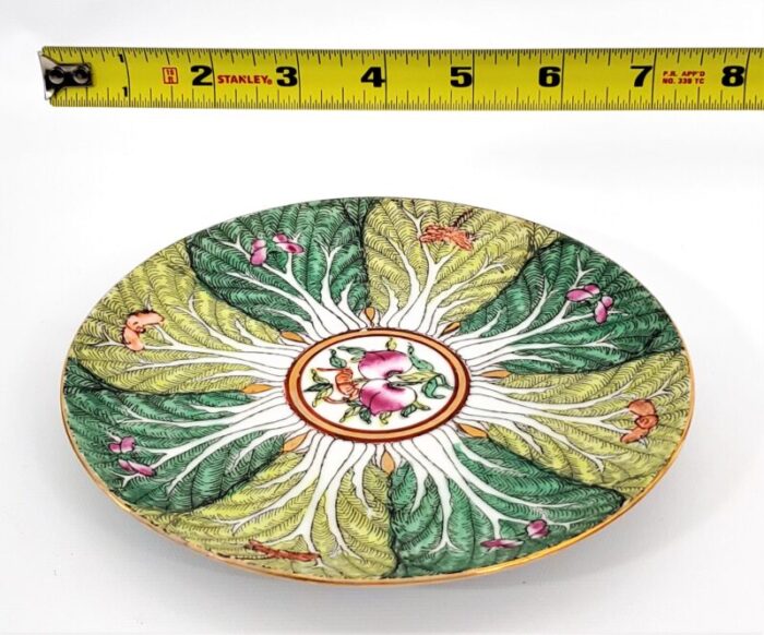 vintage bok choy cabbage leaf plate with butterflies and peaches signed on bottom a c f decorated in hong kong 7904