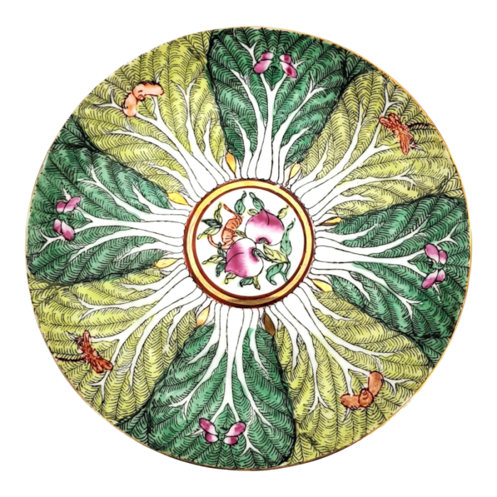 vintage bok choy cabbage leaf plate with butterflies and peaches signed on bottom a c f decorated in hong kong 8151