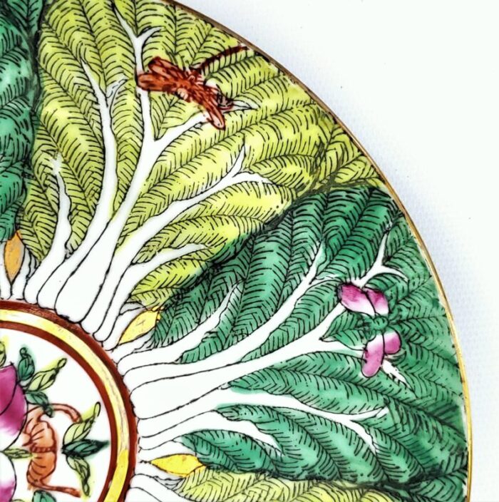 vintage bok choy cabbage leaf plate with butterflies and peaches signed on bottom a c f decorated in hong kong 9290