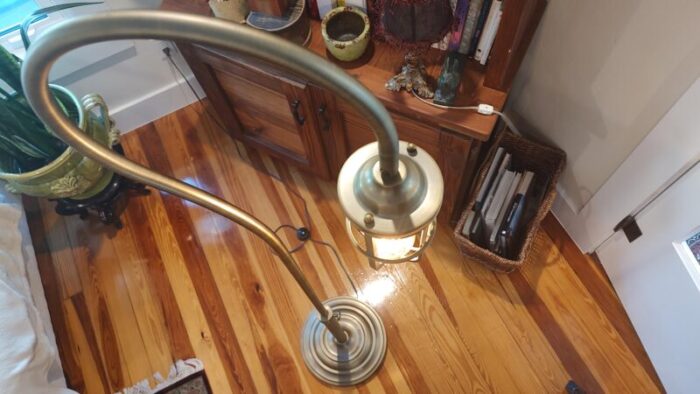 vintage brass finish shepherd hook caged bulb adjustable height floor lamp 9367