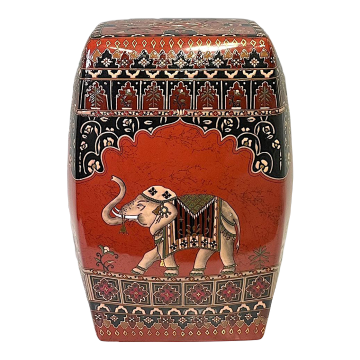 vintage chinese garden stool hand painted enamel design over red glaze with blanketed elephants 3991