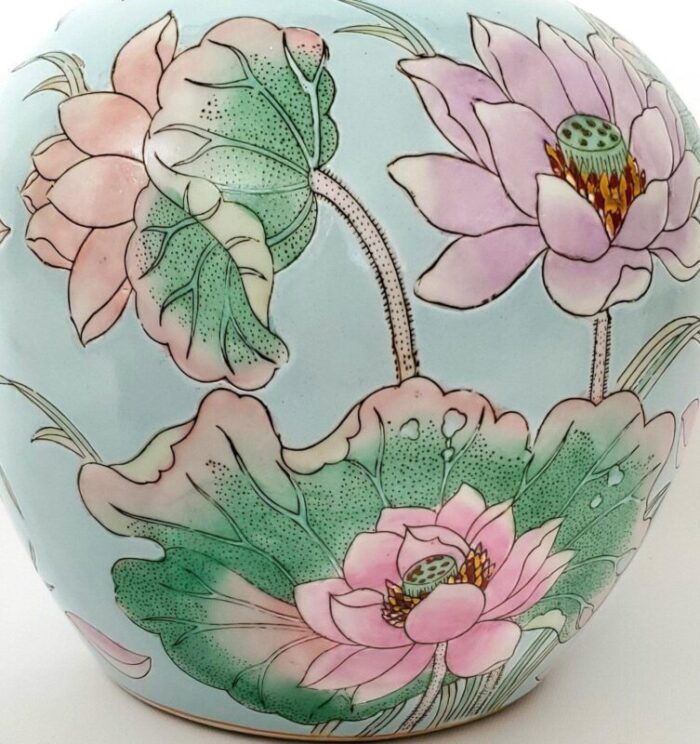 vintage chinese light blue turquoise porcelain ceramic ginger jar with lotus flowers and lily pads 1026