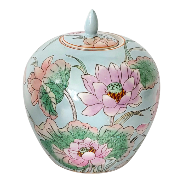 vintage chinese light blue turquoise porcelain ceramic ginger jar with lotus flowers and lily pads 4417