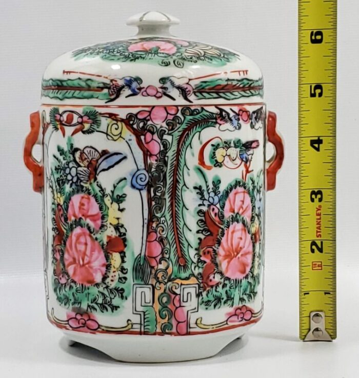 vintage chinese rose medallion porcelain tea canister with phoenixes butterflies and pink flowers 5061