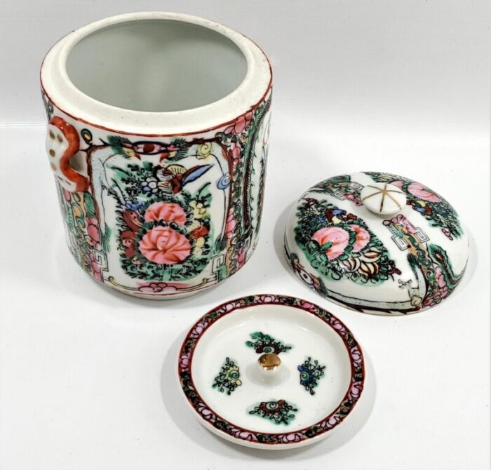 vintage chinese rose medallion porcelain tea canister with phoenixes butterflies and pink flowers 6045