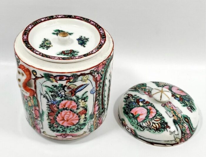 vintage chinese rose medallion porcelain tea canister with phoenixes butterflies and pink flowers 6274