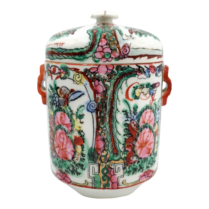 vintage chinese rose medallion porcelain tea canister with phoenixes butterflies and pink flowers 8010