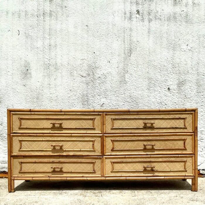 vintage costal woven rattan six drawer dresser 2048