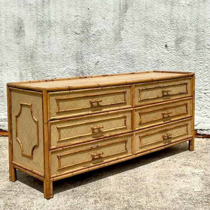 vintage costal woven rattan six drawer dresser 4938