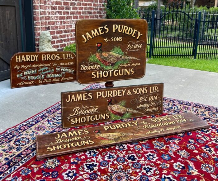 vintage english pub sign oak james purdey and sons shotguns pheasant lodge bespoke 1209