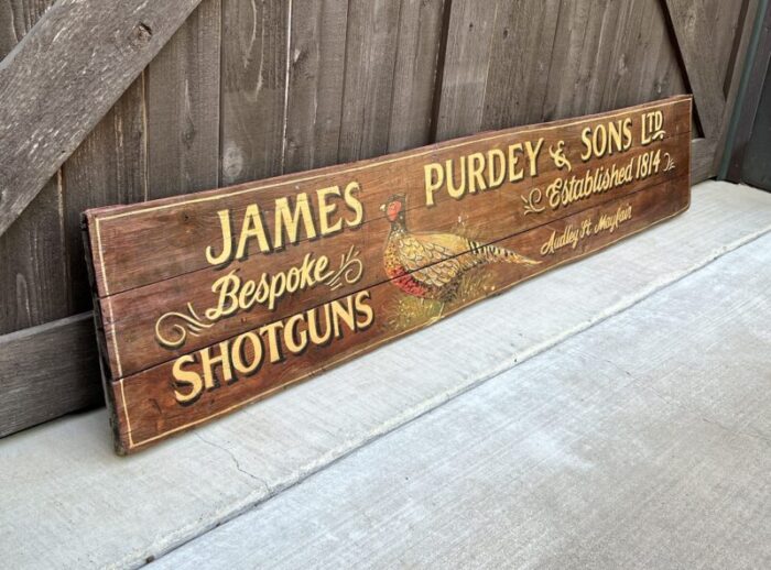 vintage english pub sign oak james purdey and sons shotguns pheasant lodge bespoke 1842