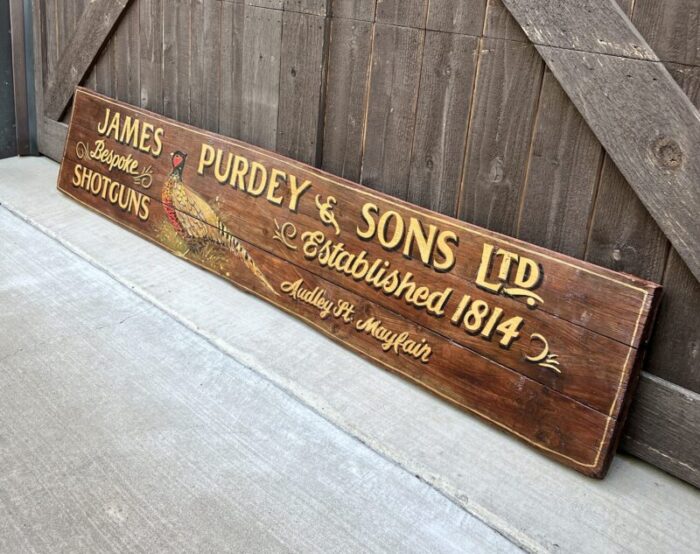 vintage english pub sign oak james purdey and sons shotguns pheasant lodge bespoke 4468