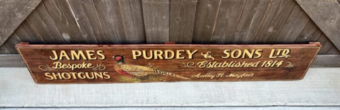 vintage english pub sign oak james purdey and sons shotguns pheasant lodge bespoke 7477