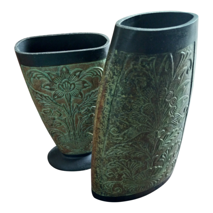 vintage floral engraved metal browngreen black vases made in india set of two 9942