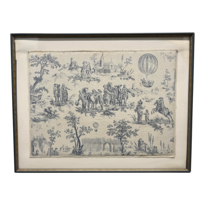 vintage french blue and white toile de jouy framed designer fabric panel 6971