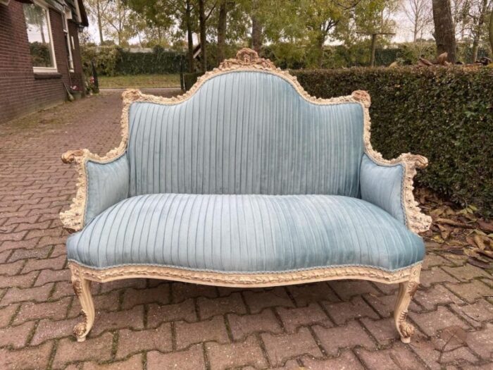 vintage french louis xvi style settee in beech wood and plisse velvet 7760