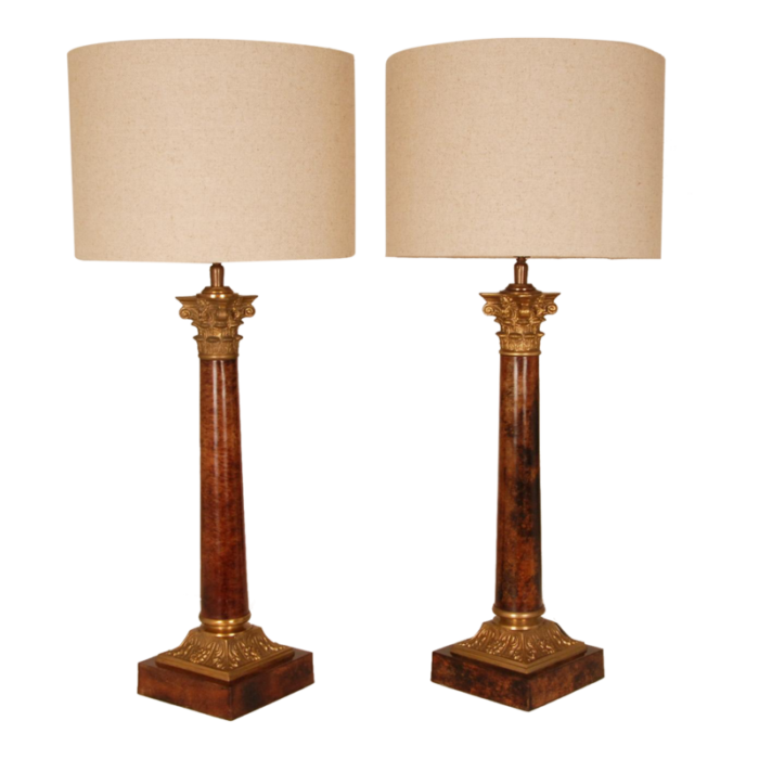 vintage french traditional lamps gilt bronze corinthian column table lamps faux mahogany a pair 1174