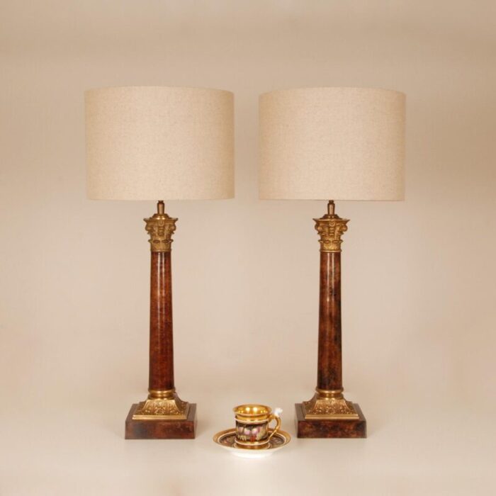 vintage french traditional lamps gilt bronze corinthian column table lamps faux mahogany a pair 1338