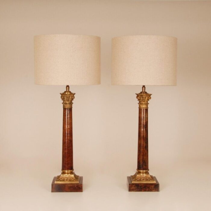 vintage french traditional lamps gilt bronze corinthian column table lamps faux mahogany a pair 4796