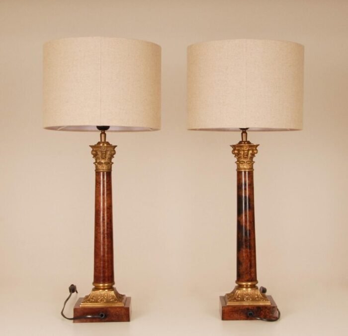 vintage french traditional lamps gilt bronze corinthian column table lamps faux mahogany a pair 6757