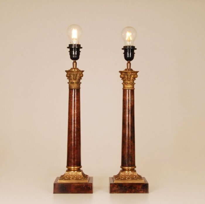 vintage french traditional lamps gilt bronze corinthian column table lamps faux mahogany a pair 7403