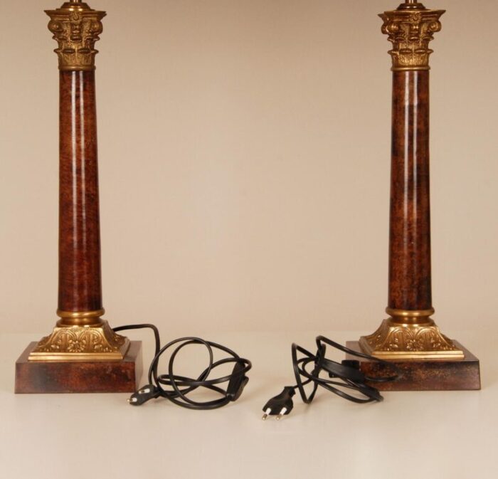 vintage french traditional lamps gilt bronze corinthian column table lamps faux mahogany a pair 7564