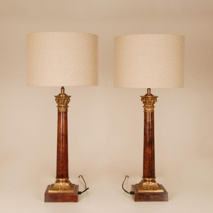 vintage french traditional lamps gilt bronze corinthian column table lamps faux mahogany a pair 7951