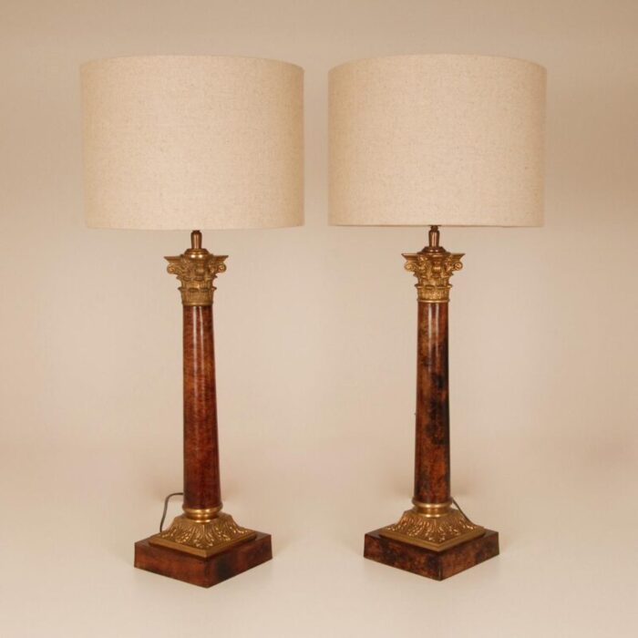 vintage french traditional lamps gilt bronze corinthian column table lamps faux mahogany a pair 8264