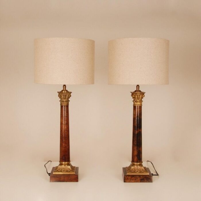 vintage french traditional lamps gilt bronze corinthian column table lamps faux mahogany a pair 8984