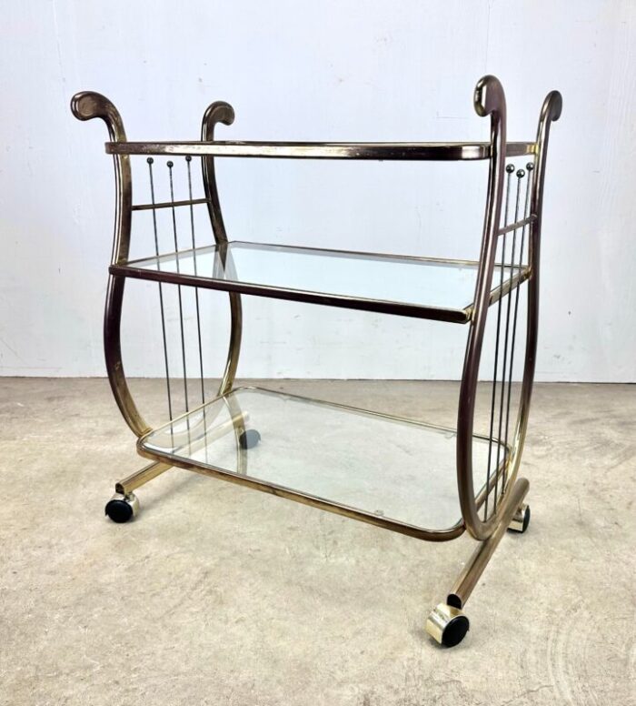 vintage glass and brass finish lyre motif 3 tier bar cart 0865