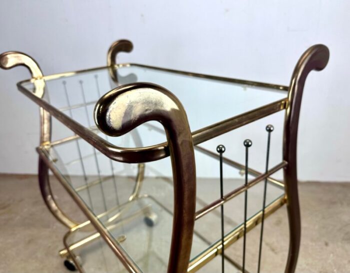 vintage glass and brass finish lyre motif 3 tier bar cart 3339