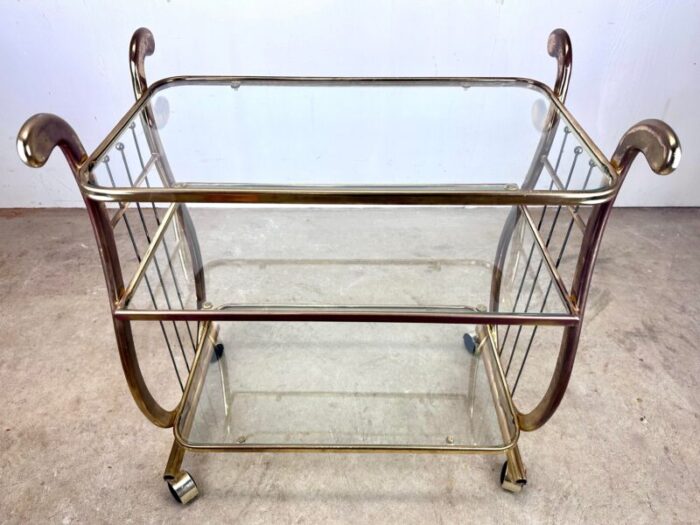 vintage glass and brass finish lyre motif 3 tier bar cart 4993