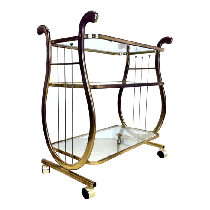 vintage glass and brass finish lyre motif 3 tier bar cart 5042