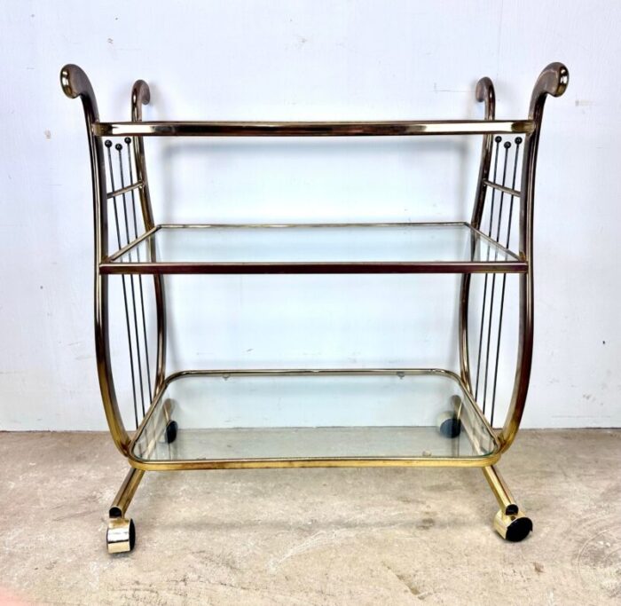 vintage glass and brass finish lyre motif 3 tier bar cart 7049