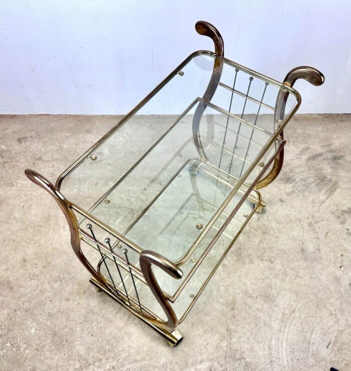 vintage glass and brass finish lyre motif 3 tier bar cart 7251