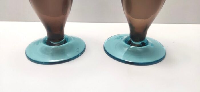 vintage italian candleholders in brown and aquamarine murano glass 1980s set of 2 10