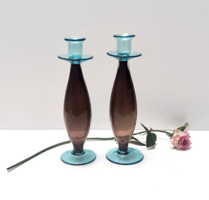 vintage italian candleholders in brown and aquamarine murano glass 1980s set of 2 3