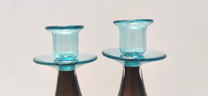 vintage italian candleholders in brown and aquamarine murano glass 1980s set of 2 5