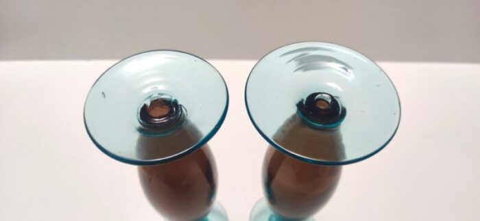 vintage italian candleholders in brown and aquamarine murano glass 1980s set of 2 9