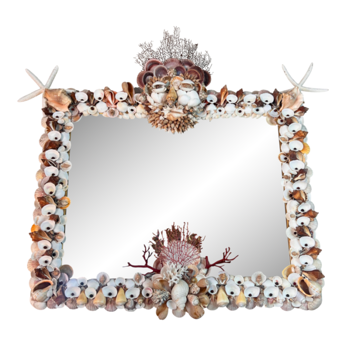 vintage italian grotto style shell and seafan mirror with shell face mask 0595