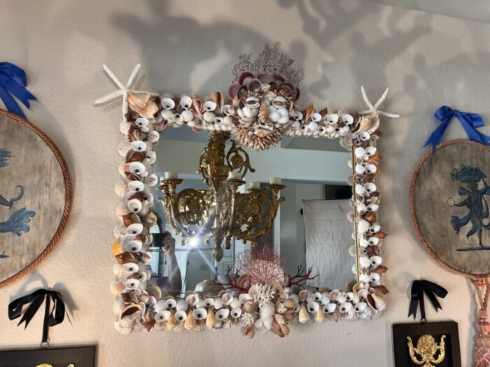 vintage italian grotto style shell and seafan mirror with shell face mask 3905