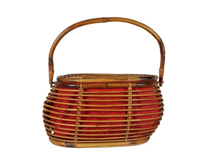 vintage italian wool and rattan basket 1960s 1