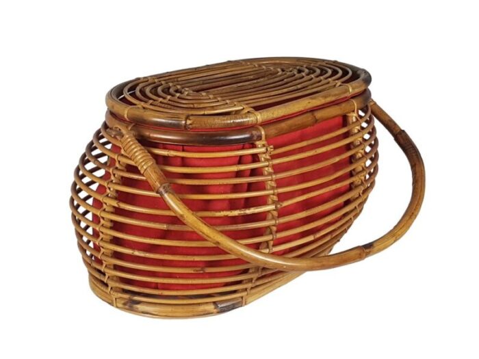 vintage italian wool and rattan basket 1960s 2