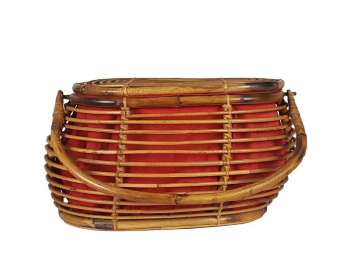 vintage italian wool and rattan basket 1960s 6