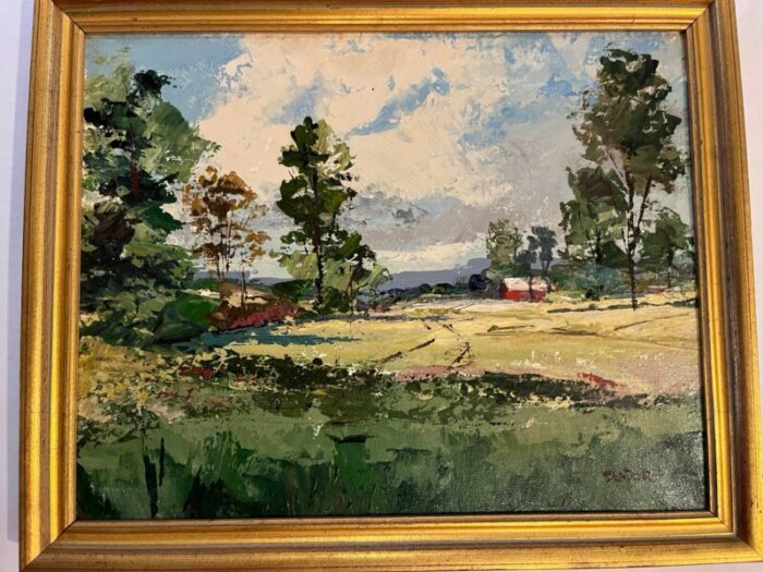 vintage john e detore american artist oil on canvas farm landscape painting framed 4143